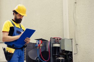 A Texas HVAC tech looking at a Air conditioning system